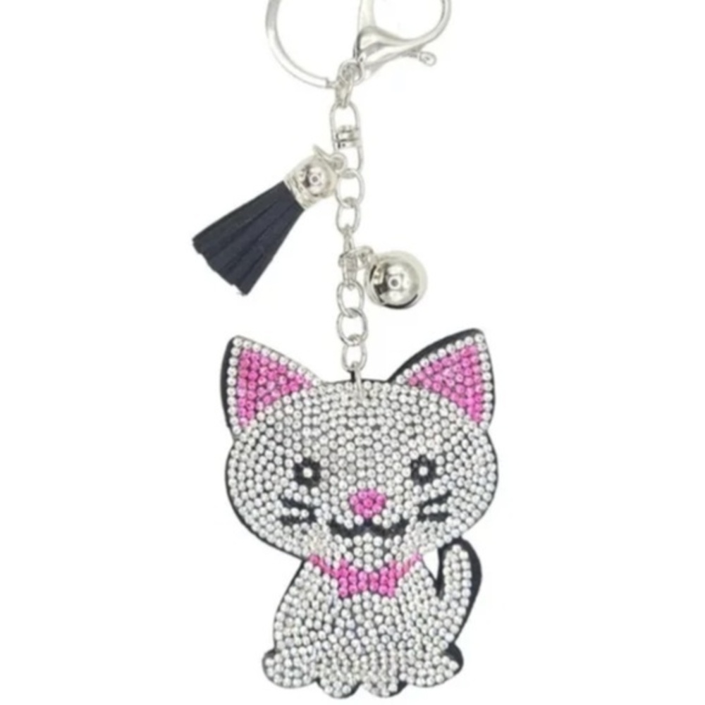NWT Rhinestone Cat Keychain Bag Charm Vegan Suede